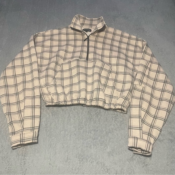 PRETTY Little Thing tan plaid half zip with pockets oversized size large VGUC - Picture 3 of 9